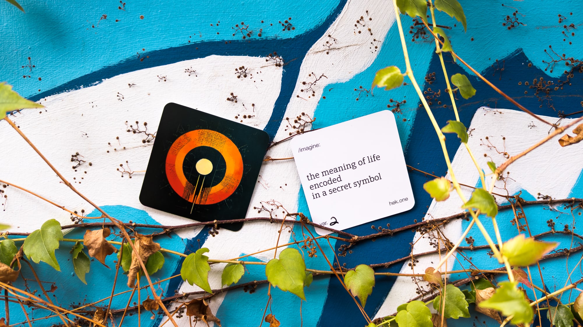 two square business cards held by vines against a wall covered in colourful graffiti. One card bears an abstract symbol; the other card bears the text "the meaning of life encoded in a secret symbol"